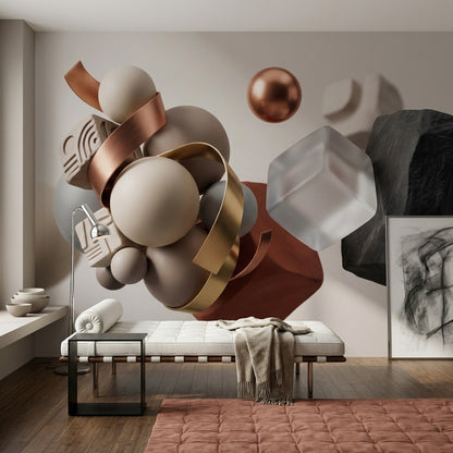 3D Spheres Wallpaper Metallic Copper Removable Frosted Glass Cube Wall Decor