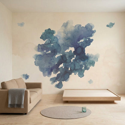 Abstract Watercolor Wallpaper Blue Ink Blot Soft Wash Removable Wall Decor