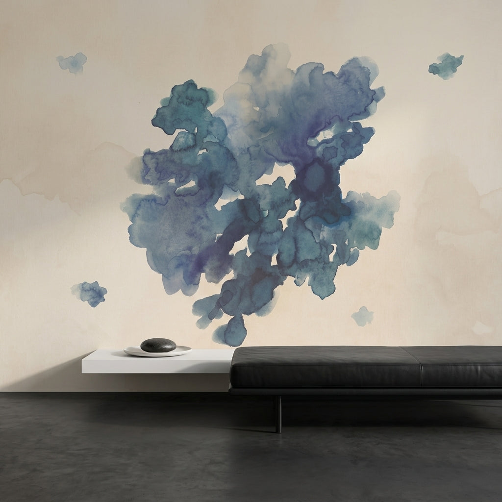 Abstract Watercolor Wallpaper Blue Ink Blot Soft Wash Removable Wall Decor