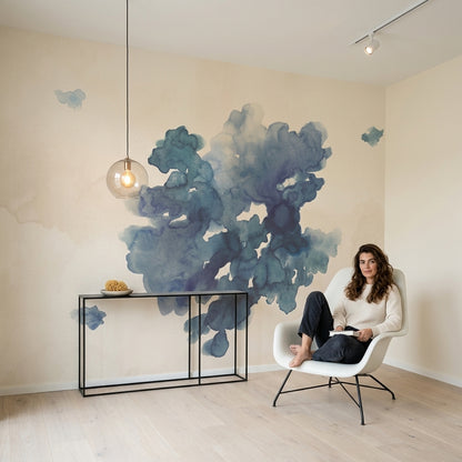 Abstract Watercolor Wallpaper Blue Ink Blot Soft Wash Removable Wall Decor