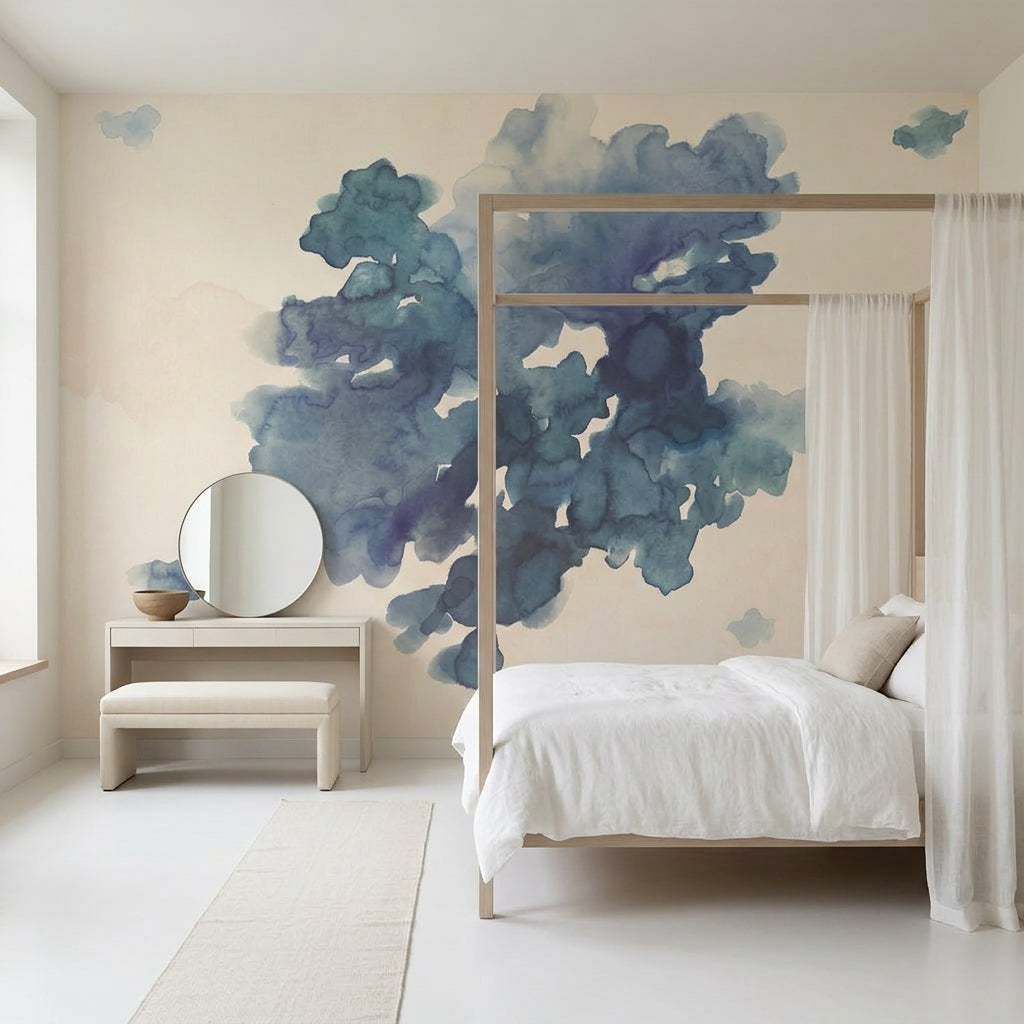 Abstract Watercolor Wallpaper Blue Ink Blot Soft Wash Removable Wall Decor