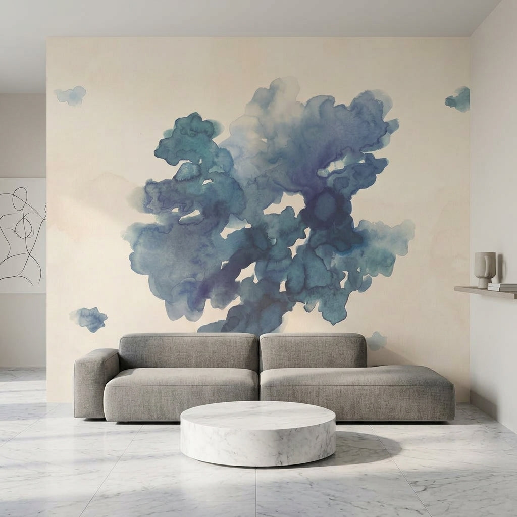 Abstract Watercolor Wallpaper Blue Ink Blot Soft Wash Removable Wall Decor