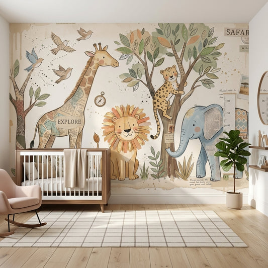 Safari Wallpaper Wildlife Vintage Collage Removable Wall Decor
