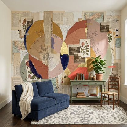 Abstract Collage Wallpaper Geometric Circles Vintage Paper Wall Mural
