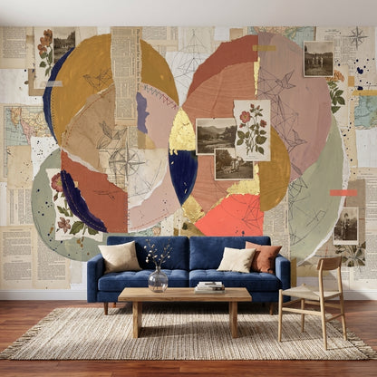 Abstract Collage Wallpaper Geometric Circles Vintage Paper Wall Mural