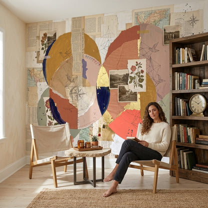 Abstract Collage Wallpaper Geometric Circles Vintage Paper Wall Mural