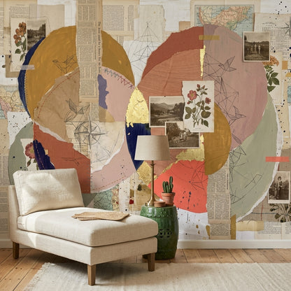 Abstract Collage Wallpaper Geometric Circles Vintage Paper Wall Mural