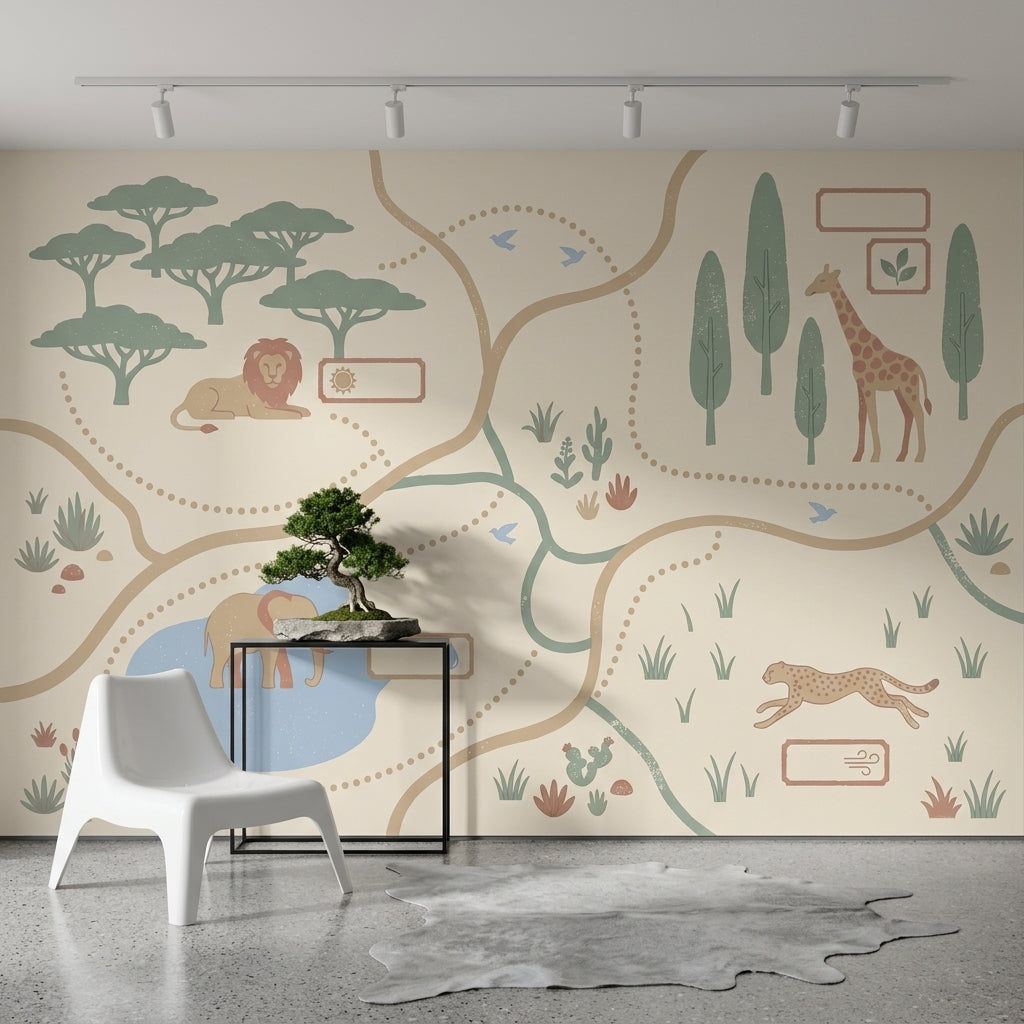 Safari Wallpaper Animal Map Removable Savanna Landscape Wall Decor