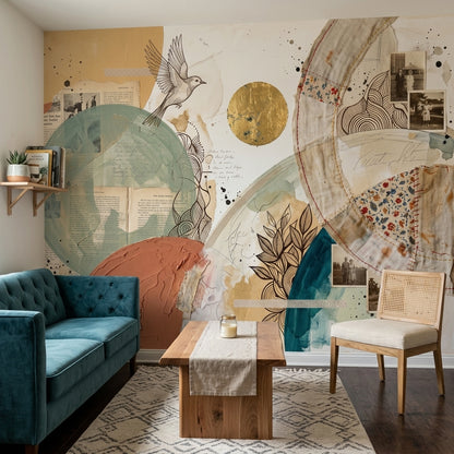 Abstract Collage Wallpaper Mixed Media Geometric Circles Removable Wall Decor