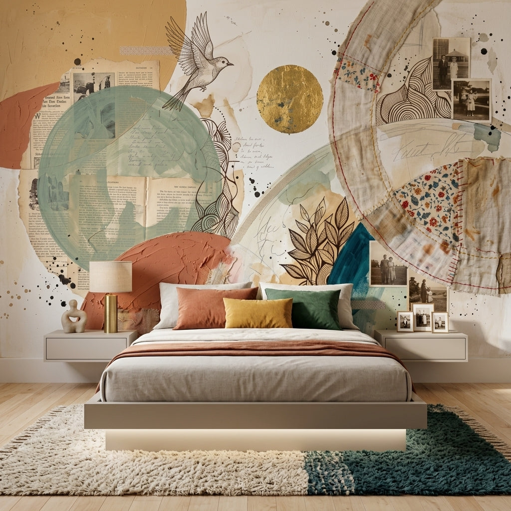 Abstract Collage Wallpaper Mixed Media Geometric Circles Removable Wall Decor