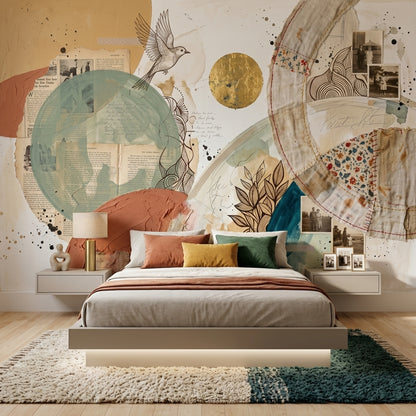 Abstract Collage Wallpaper Mixed Media Geometric Circles Removable Wall Decor