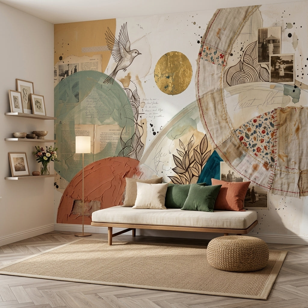 Abstract Collage Wallpaper Mixed Media Geometric Circles Removable Wall Decor