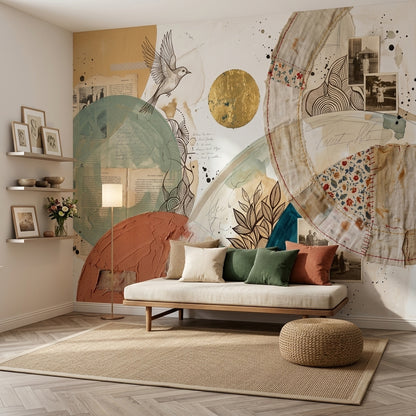 Abstract Collage Wallpaper Mixed Media Geometric Circles Removable Wall Decor