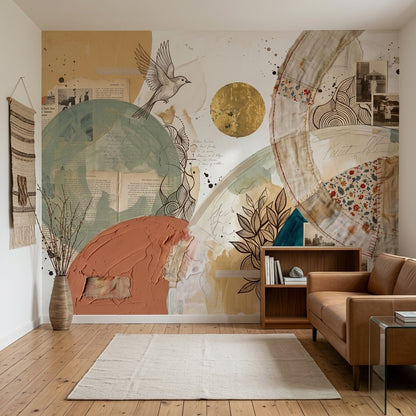 Abstract Collage Wallpaper Mixed Media Geometric Circles Removable Wall Decor