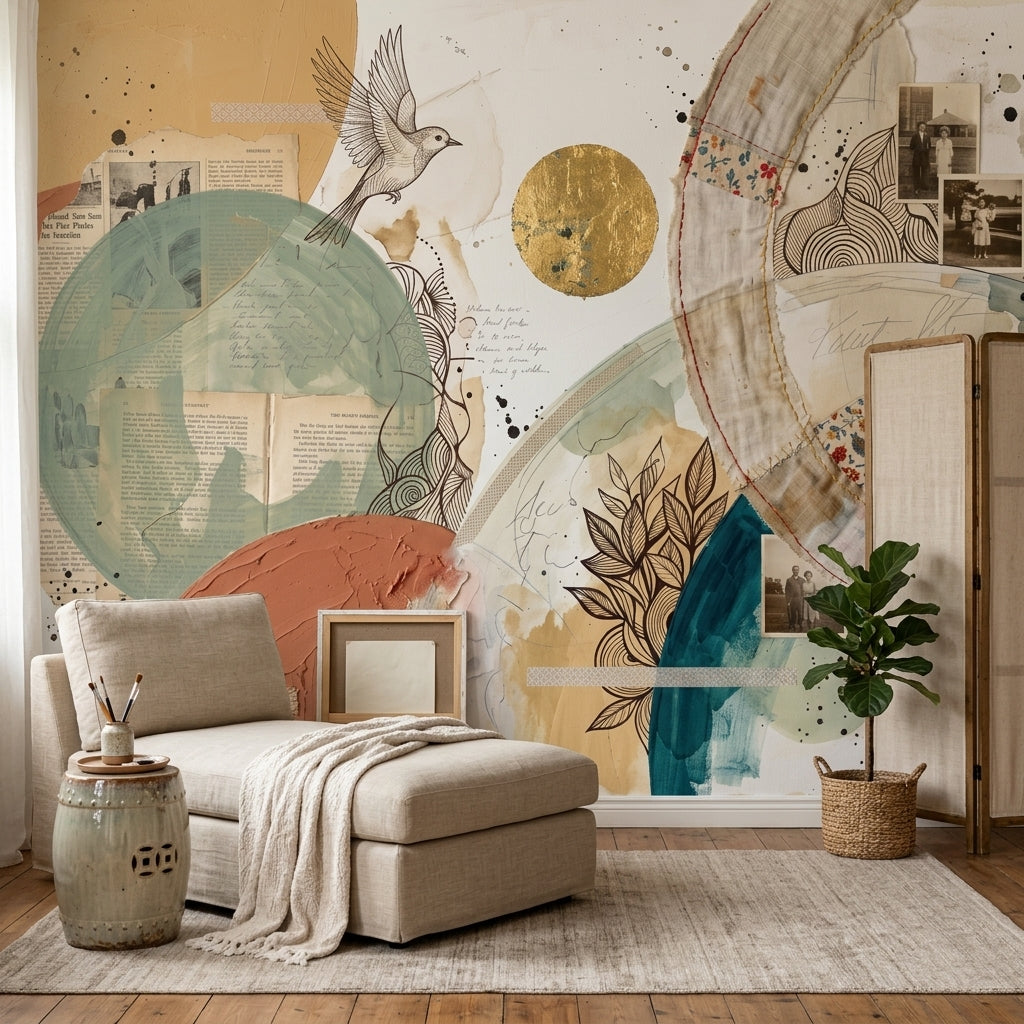 Abstract Collage Wallpaper Mixed Media Geometric Circles Removable Wall Decor