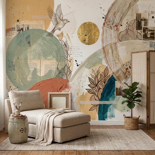 Abstract Collage Wallpaper Mixed Media Geometric Circles Removable Wall Decor
