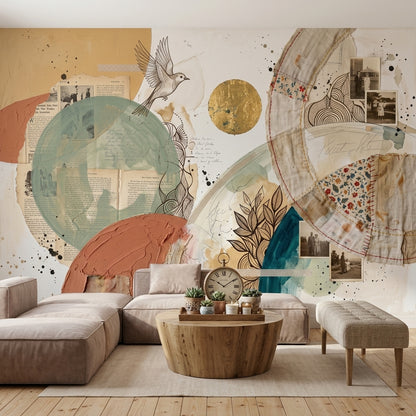 Abstract Collage Wallpaper Mixed Media Geometric Circles Removable Wall Decor