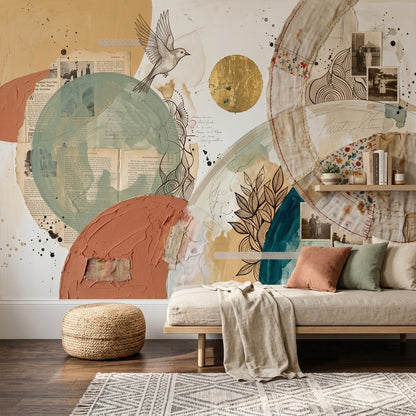 Abstract Collage Wallpaper Mixed Media Geometric Circles Removable Wall Decor