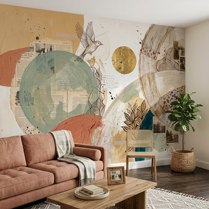 Abstract Collage Wallpaper Mixed Media Geometric Circles Removable Wall Decor