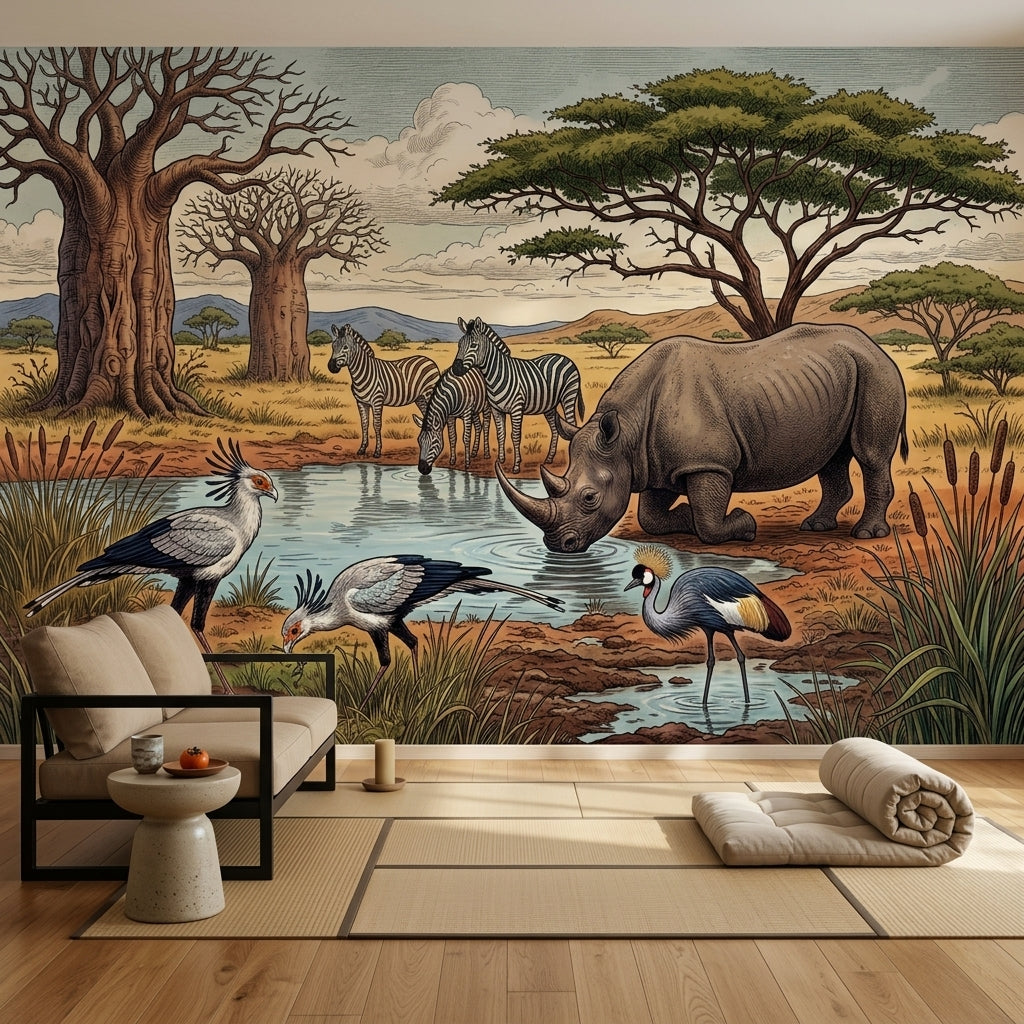 African Savanna Wallpaper Watering Hole Rhinoceros Wall Mural