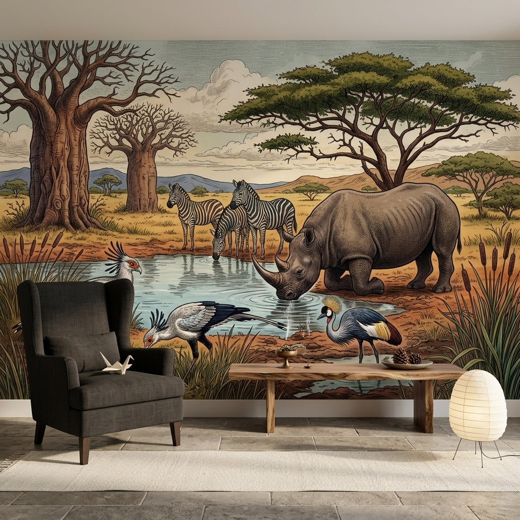African Savanna Wallpaper Watering Hole Rhinoceros Wall Mural
