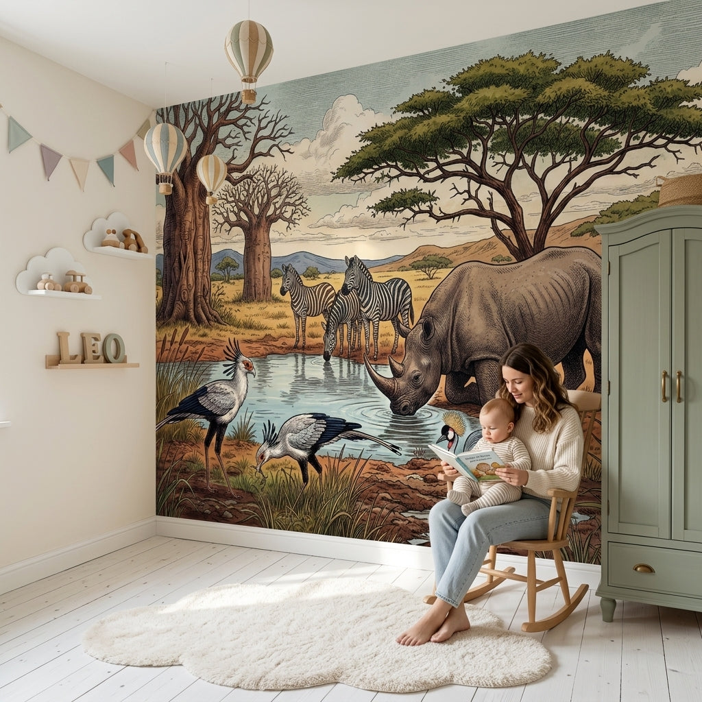African Savanna Wallpaper Watering Hole Rhinoceros Wall Mural
