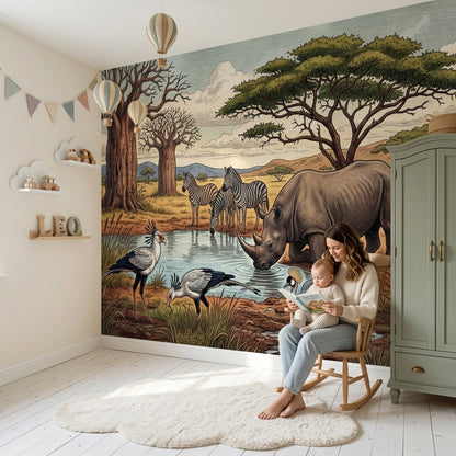 African Savanna Wallpaper Watering Hole Rhinoceros Wall Mural
