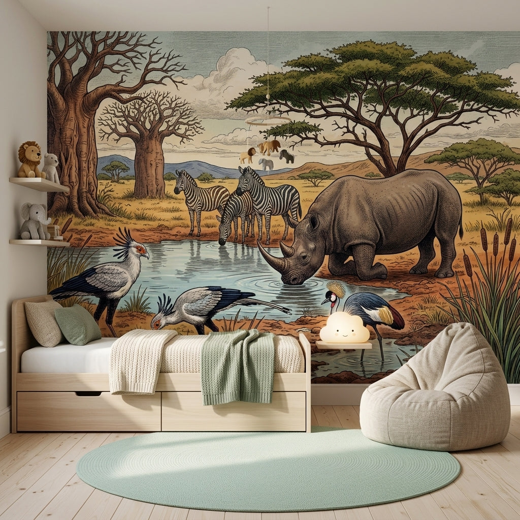 African Savanna Wallpaper Watering Hole Rhinoceros Wall Mural
