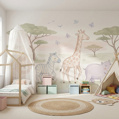 Safari Animals Wallpaper Nursery Wallpaper Removable Savanna Landscape Wall Decor