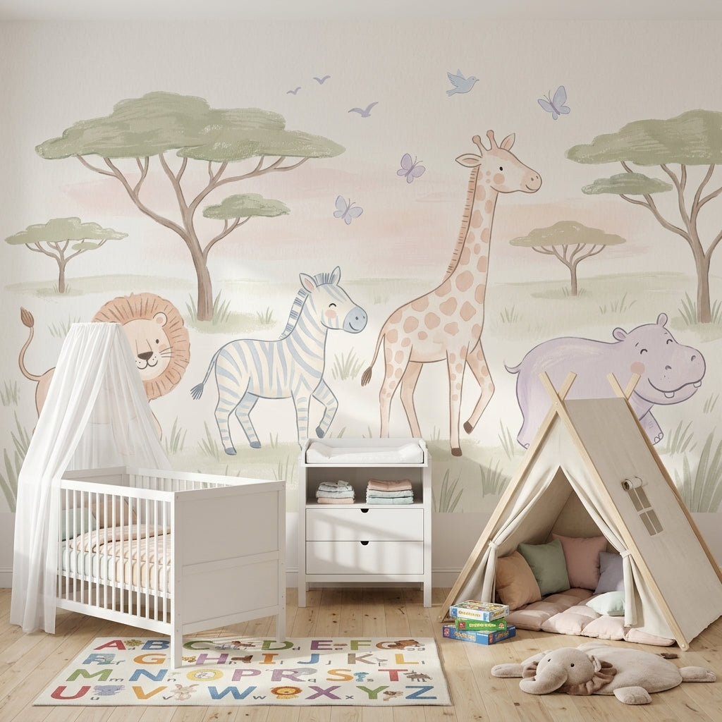 Safari Animals Wallpaper Nursery Wallpaper Removable Savanna Landscape Wall Decor