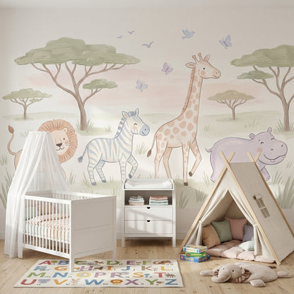 Safari Animals Wallpaper Nursery Wallpaper Removable Savanna Landscape Wall Decor