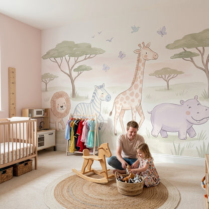 Safari Animals Wallpaper Nursery Wallpaper Removable Savanna Landscape Wall Decor