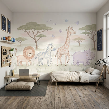 Safari Animals Wallpaper Nursery Wallpaper Removable Savanna Landscape Wall Decor