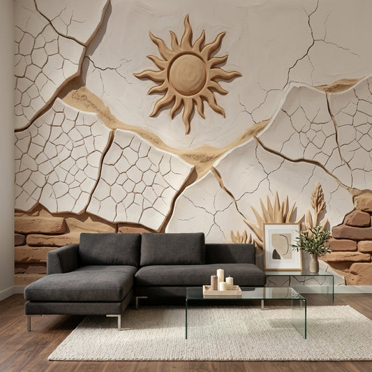 Stucco Relief Wallpaper Sun Motif Cracked Plaster Wall Mural