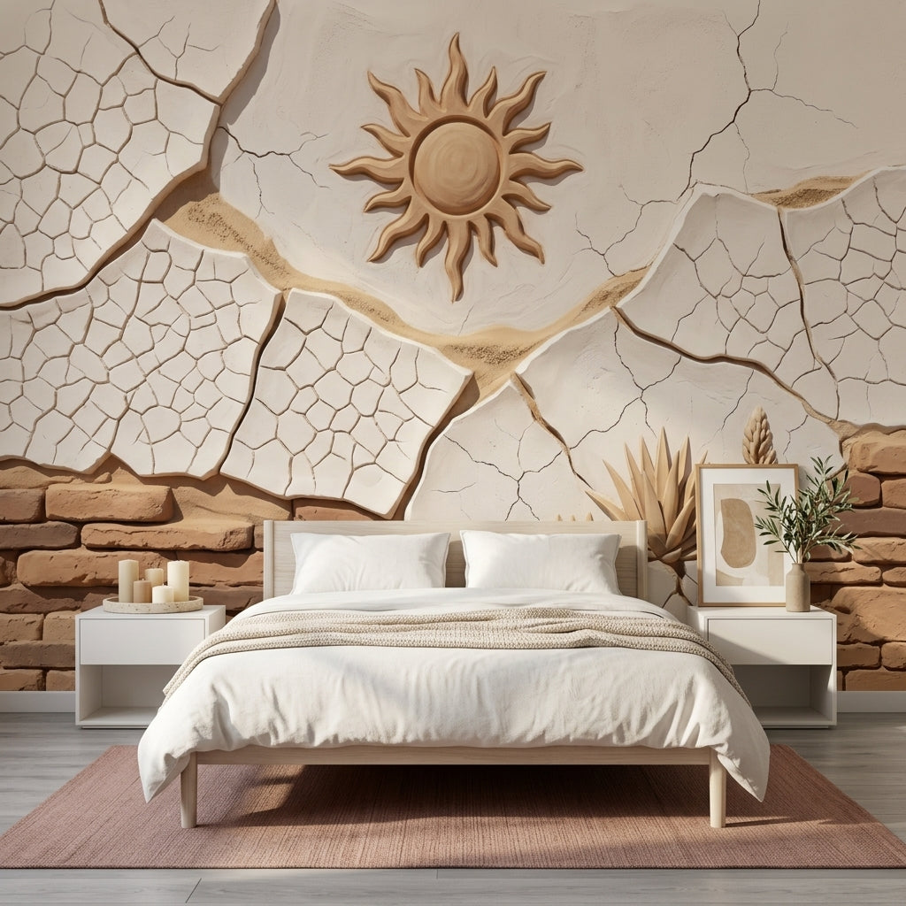 Stucco Relief Wallpaper Sun Motif Cracked Plaster Wall Mural