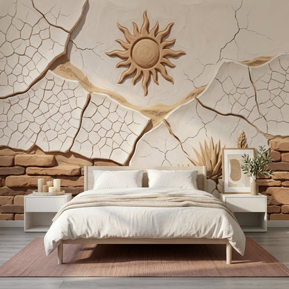 Stucco Relief Wallpaper Sun Motif Cracked Plaster Wall Mural