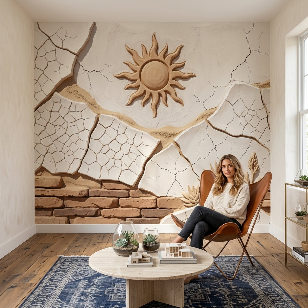 Stucco Relief Wallpaper Sun Motif Cracked Plaster Wall Mural