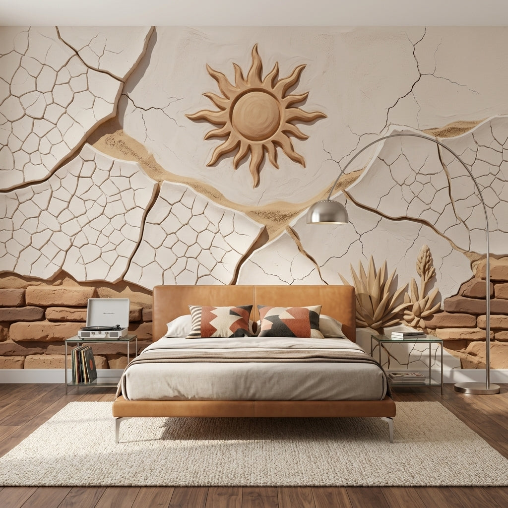 Stucco Relief Wallpaper Sun Motif Cracked Plaster Wall Mural