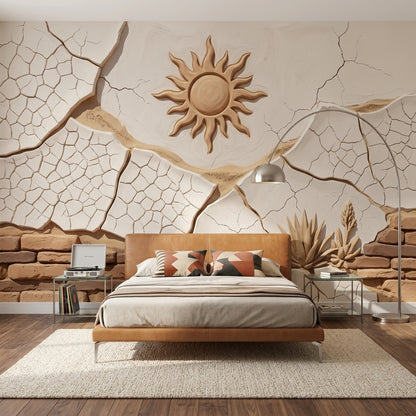 Stucco Relief Wallpaper Sun Motif Cracked Plaster Wall Mural
