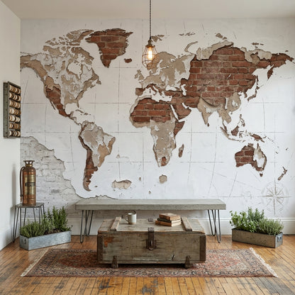 Brick Wall Wallpaper World Map Removable Wall Decor