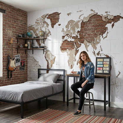 Brick Wall Wallpaper World Map Removable Wall Decor