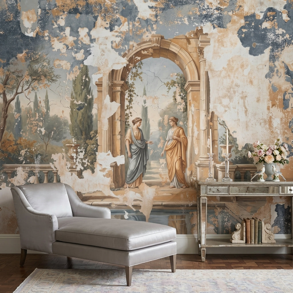 Classical Fresco Wallpaper Mediterranean Garden Stone Archway Wall Mural