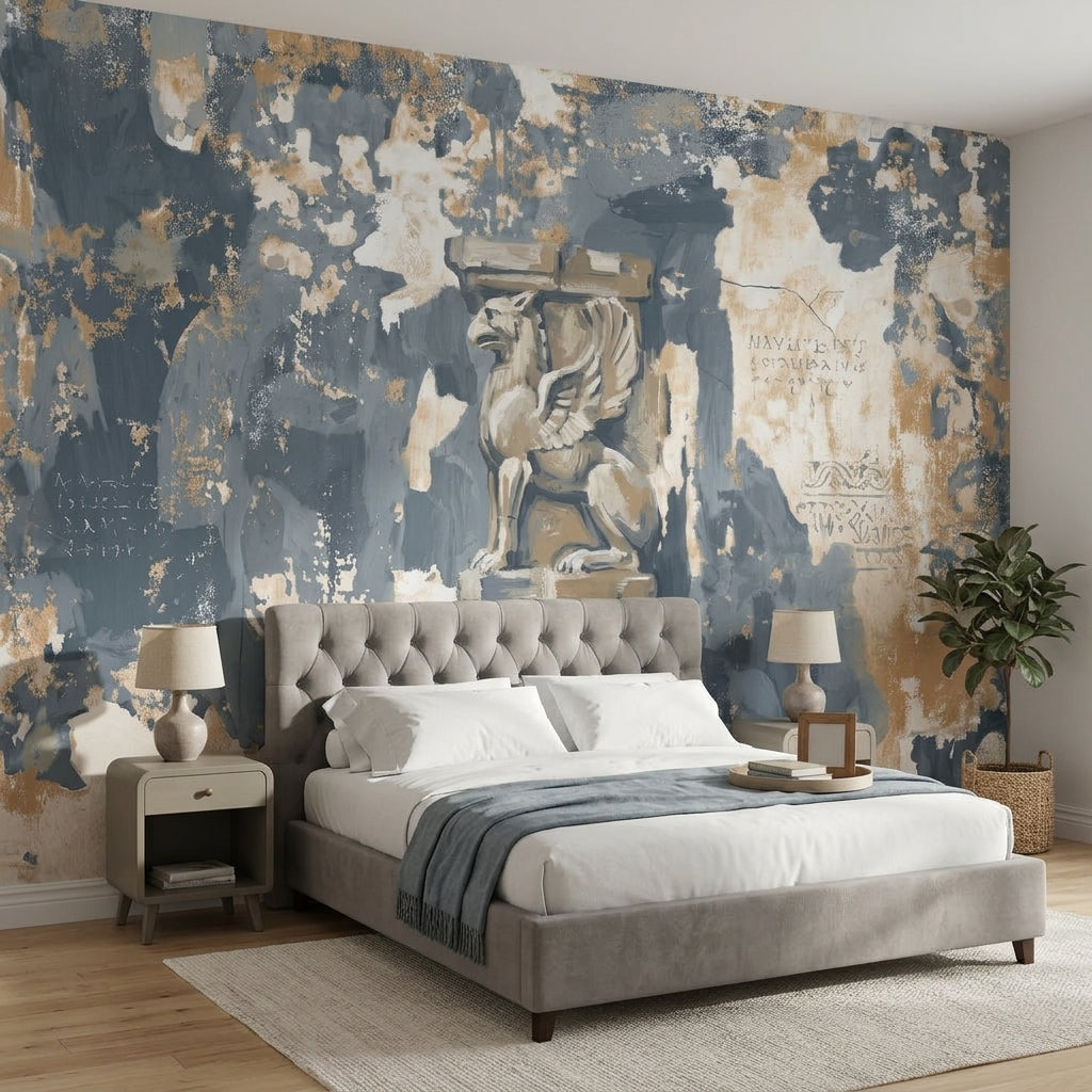 Weathered Fresco Wallpaper Winged Lion Removable Distressed Plaster Wall Decor