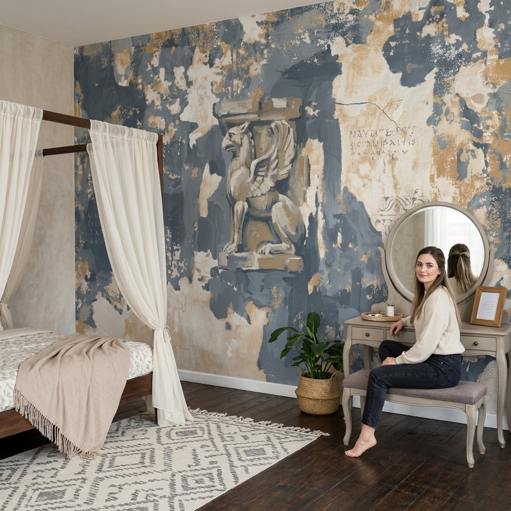 Weathered Fresco Wallpaper Winged Lion Removable Distressed Plaster Wall Decor
