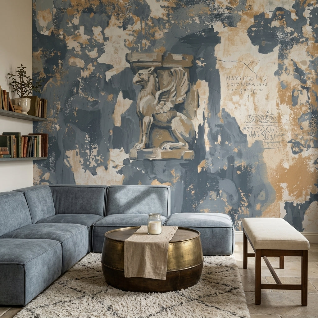Weathered Fresco Wallpaper Winged Lion Removable Distressed Plaster Wall Decor