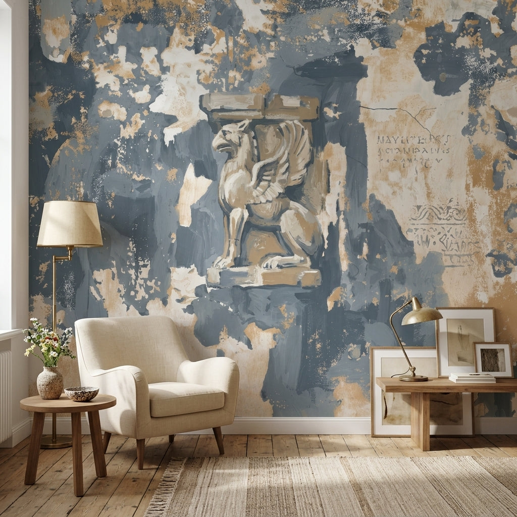 Weathered Fresco Wallpaper Winged Lion Removable Distressed Plaster Wall Decor