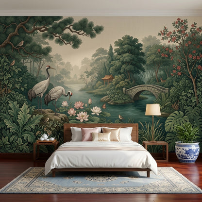 Misty Forest Wallpaper River Stone Bridge Wall Mural