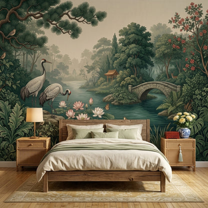 Misty Forest Wallpaper River Stone Bridge Wall Mural