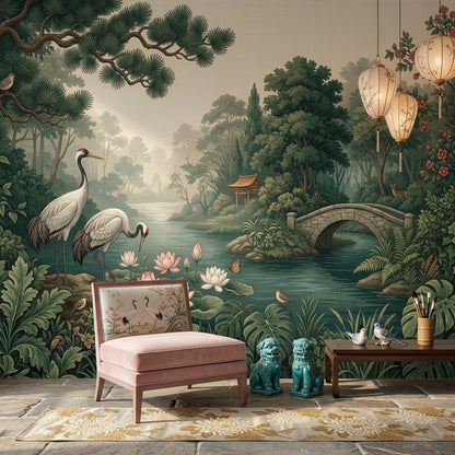 Misty Forest Wallpaper River Stone Bridge Wall Mural