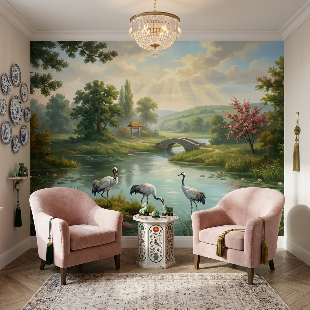 Tranquil Landscape Wallpaper Cranes Removable Stone Bridge Wall Decor